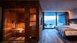 © 4kclips - A wellness retreat and luxury travel experience A hotel room with a sauna a mountain view and a balcony promoting relaxation rejuvenation health and well-being getaways for discerning travelers.