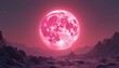 © Viktor - Giant pink moon hangs in sky over alien planet landscape. Rocky terrain with mountains under glowing lunar orb. Cosmic scene with starry night atmosphere.