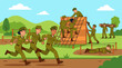 © Wakhyudi - Vibrant cartoon illustration of soldiers in uniforms and caps, climbing obstacles and marching on a training field with dirt paths, grassy hills and blue sky, seen from an energetic viewpoint