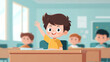 © ilham - Happy schoolboy raising his hand to answer a question in the classroom