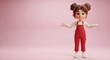 © Abuzar - A cheerful animated character with pigtails wears red overalls and presents a welcoming pose against a soft pink background