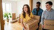 © Elizaveta  - Young friends moving boxes into new apartment and smiling together