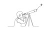 © tasnia - A single male figure, drawn in continuous line art, looks through a telescope mounted on a tripod towards a distant star.