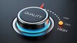 © Muhamamd - Black rotary knob controlling quality set to medium on a sleek dark panel with glowing blu