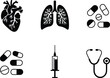 © Eva Elrod - Medical icons set, minimalist black silhouette vector icons including heart lungs medicine pills syringe stethoscope and healthcare equipment for hospital and health design use.