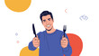 © Natalia - Happy young man expresses hunger and readiness for a meal while holding a knife and fork against a colorful background.