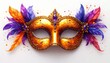 © EnelEva - A magnificent golden Venetian mask adorned with feathers is placed against a black background.