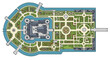 © 爱心binragh - Top-down vector illustration of a medieval castle with a moat, formal gardens, bridges, and intricate landscaping, ideal for historical maps and architectural designs