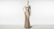 © Setengah - Mannequin wearing a long elegant beige evening dress on a white background