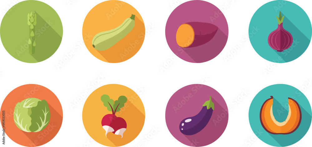 Set of 8 colorful flat design vegetable icons vector with long shadow ...