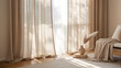 © Nazmul Karim Sakib - Cozy corner of a room with linen sheer curtains and an armchair draped with a blanket next to pampas grass in a vase under soft glowing sunlight for lifestyle and home comfort