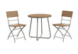 © Anzira - A small round bistro table with two matching slatted wooden folding chairs for outdoor settings