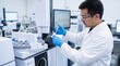 © Sonthana - Scientist in a lab coat and gloves operates analytical equipment in a modern laboratory setting focused on chemical or pharmaceutical research.