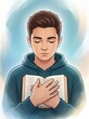 © MEO - 한 남자 십대 청소년이 성경을 들고 기도하며 깊은 묵상과 영성을 표현하는 디지털 일러스트레이션