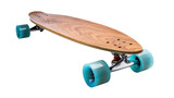 Elegant longboard with a natural wood deck and bright blue wheels in a dynamic pose