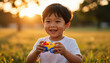 © maxximmm - A boy enjoys playing with a toy car in a grassy field during sunset. The boy smiles widely as the warm sunlight casts a glow around him.