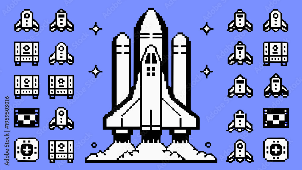Stock-Vektorgrafik „Retro pixel art vector of a space shuttle launch ...