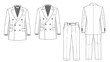 © Shakib - Formal white double breasted suit technical drawing including jacket and trousers for menswear fashion design and production.