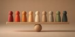 © Chetanraj - Balanced wooden scale with diverse colored human figures, equality and diversity concept, social balance and inclusion representation, fairness and equal opportunity idea on minimal background