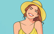 © hakule - Smiling woman in a yellow hat enjoys a sunny day with a blue background
