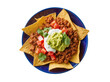 © Saoirse - Top view of delicious beef nachos with guacamole, sour cream, fresh tomatoes, and cilantro on a blue plate, perfectly isolated PNG