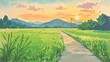 © mamemo - 夕焼けに染まる田園風景 一本道と山並みのある日本の田舎イラスト背景素材