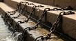 © TosherAsh - Heavy rusty iron chains resting on stone steps near river water