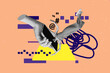 © deagreez - Picture trend collage of hand hold device with person screen on orange background
