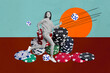 © deagreez - Art image full photo collage of happy girl guy sit chip casino game tournament winner bet poker jackpot dice addiction roulette