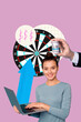 © deagreez - Vertical image art collage of happy businessman businesswoman hold laptop freelancer arrow development money profit hand target