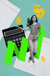 © deagreez - Art image vertical photo collage of happy businessman businesswoman stand calculator tool count income dollar currency arrow up