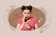 © deagreez - Pop trend collage of person use gadget stand in oval circle shape brown background