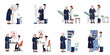 © Sugih - Illustrations of an elderly woman during medical consultations with healthcare professionals, including doctors, nurses, and pharmacists in various clinical settings.