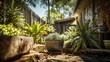 © Oksana_Tukane - Cozy garden landscape with a decorative walkway and lush bushes. Small backyard storage house against a blue sky. Peaceful outdoor home exterior design.