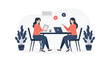 © Stock4line - Two women sitting on chairs with a table discussing takes notes on a clipboard. Businesswoman offer partner deal or agreement, executive man writing at clipboard notes