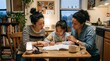 © _KUBE_ - Lesbian parents guiding a child during homework time in a room. Education and connection. Concept of modern family life.