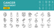 © Hosneara - Large collection of cancer treatment line icons set featuring medical oncology symbols including radiation therapy chemotherapy pills awareness ribbons dna research and healthcare vector elements.