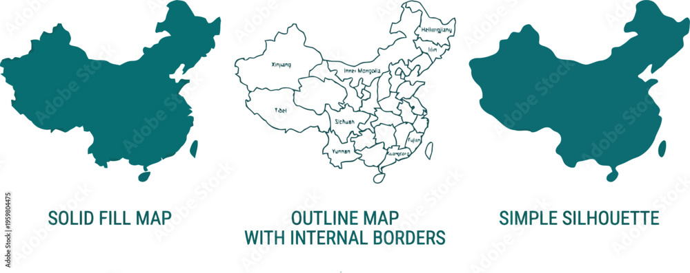 Map of china in three styles: solid fill, outline with internal borders ...