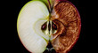 © Luda - Close-up of a whole apple. One side of the apple is ripe green- red, beautiful, smoothly turns into an old dried and wormy on a dark background.