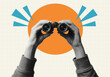 © Oleksandr Yashchuk - two hands holding binoculars concept pop art collage searching observing focus attention retro cut-out dotted halftone elements light beige background