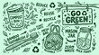 © fusiangkara - Eco friendly lifestyle illustration with compost bin bamboo toothbrush mesh bag and mason jar promoting zero waste and sustainability