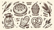 © fusiangkara - Artisan sourdough loaf cupcake pretzel flour sack oven mitt wheat stalks and rolling pin hand-drawn sketch for bakery and baking themes
