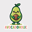 © Nest - Kawaii avocadoholic sticker vector, cute avocado character with big eyes holding a seed, funny food pun illustration for t-shirt design