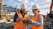 © Vasiliy - Male and female construction workers using a tablet on site. Engineers in safety gear discussing a building project in front of a steel framework. Teamwork and collaboration concept