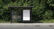 © CreativeBro - Advertising poster mockup at vacant bus stop with surrounding greenery and vertical billboard display