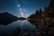 © Popelniushka - Nuit Ã©toilÃ©e sur un lac tranquille avec reflets stellaires et silhouettes de pins