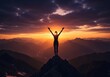 © Tiana_Geo - Woman hiker silhouette on mountain peak with arms raised in victory. Success and achievement concept with stunning sunset. Beautiful landscape.