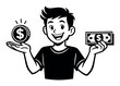 © Hanna - Happy boy cartoon character balancing a shining coin and paper currency, symbolizing income, savings, and financial growth