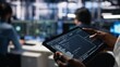 © DC Studio - Close up of data center software developer using tablet to review code for automation scripts. Server hub IT specialist using device, monitoring error logs for debugging processes, camera A