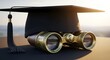 © Rion Store - Graduation cap and binoculars on a table outdoors at sunset